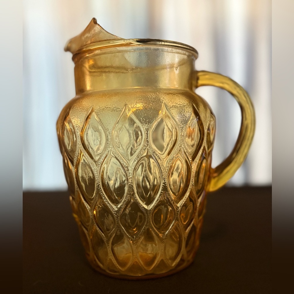 Anchor Hocking Amber Gold Glass Beverage Pitcher Diamond Pattern Vintage